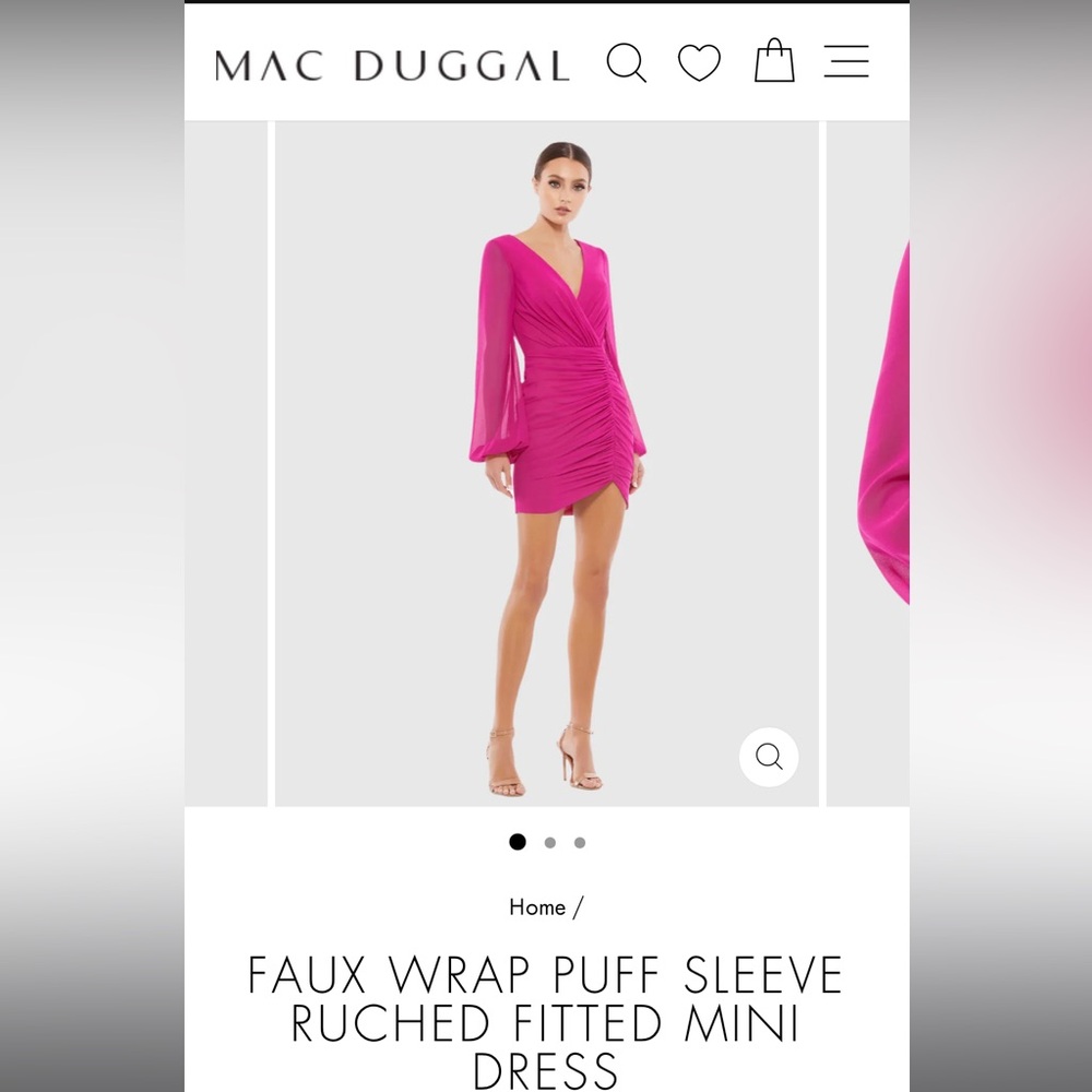 MAC DUGGAL FAUX WRAP PUFF SLEEVE RUCHED FITTED MINI DRESS